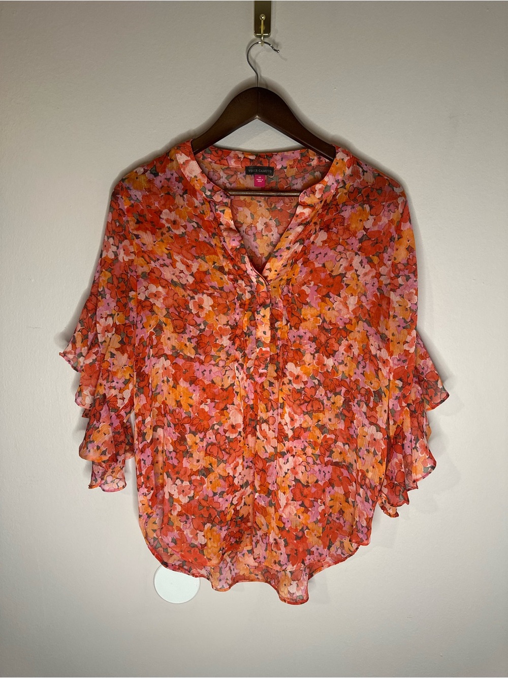 Vince Camuto Orange Sheer Multi Floral Ruffle Sleeve Blouse